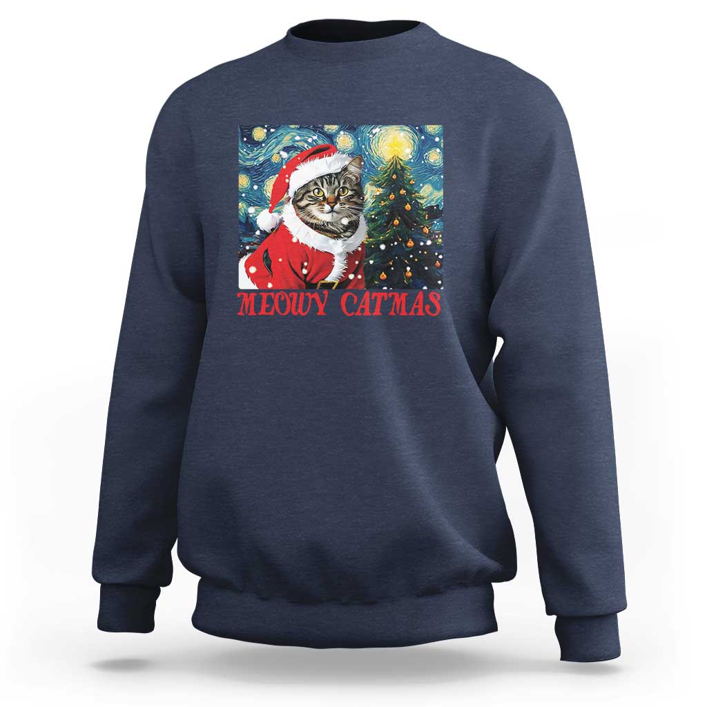 Santa Cat Christmas Sweatshirt Meowy Catmas Starry Night Christmas Tree - Wonder Print Shop