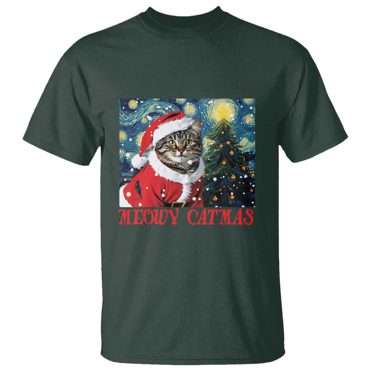 Santa Cat Christmas T Shirt Meowy Catmas Starry Night Christmas Tree - Wonder Print Shop