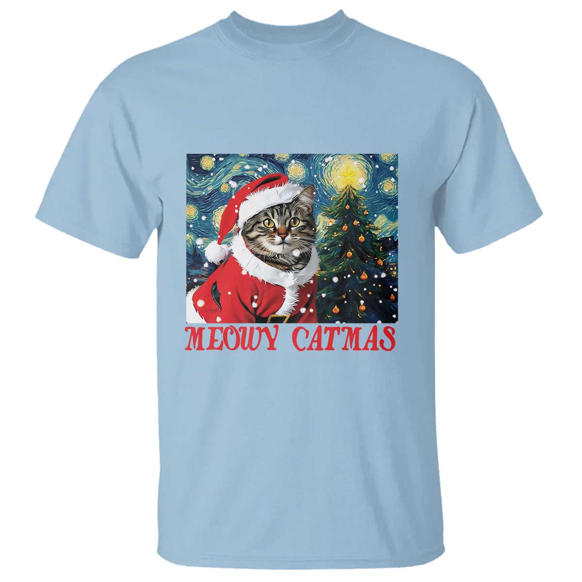 Santa Cat Christmas T Shirt Meowy Catmas Starry Night Christmas Tree - Wonder Print Shop