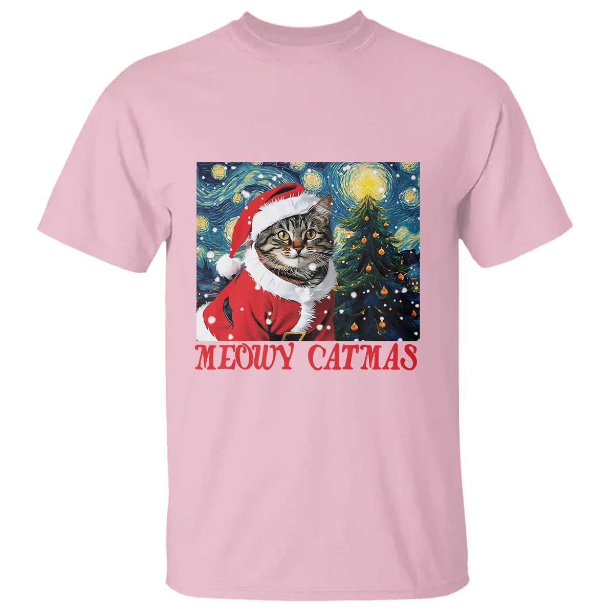 Santa Cat Christmas T Shirt Meowy Catmas Starry Night Christmas Tree - Wonder Print Shop