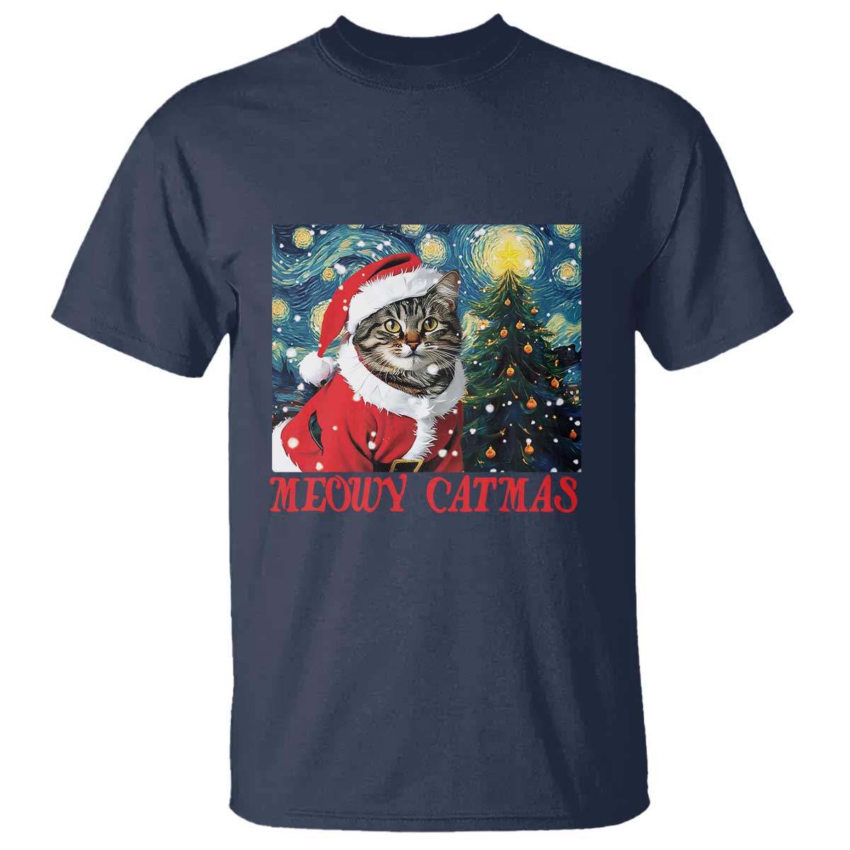 Santa Cat Christmas T Shirt Meowy Catmas Starry Night Christmas Tree - Wonder Print Shop