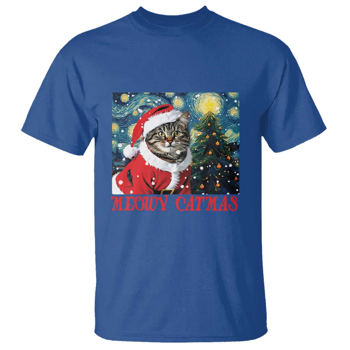 Santa Cat Christmas T Shirt Meowy Catmas Starry Night Christmas Tree - Wonder Print Shop