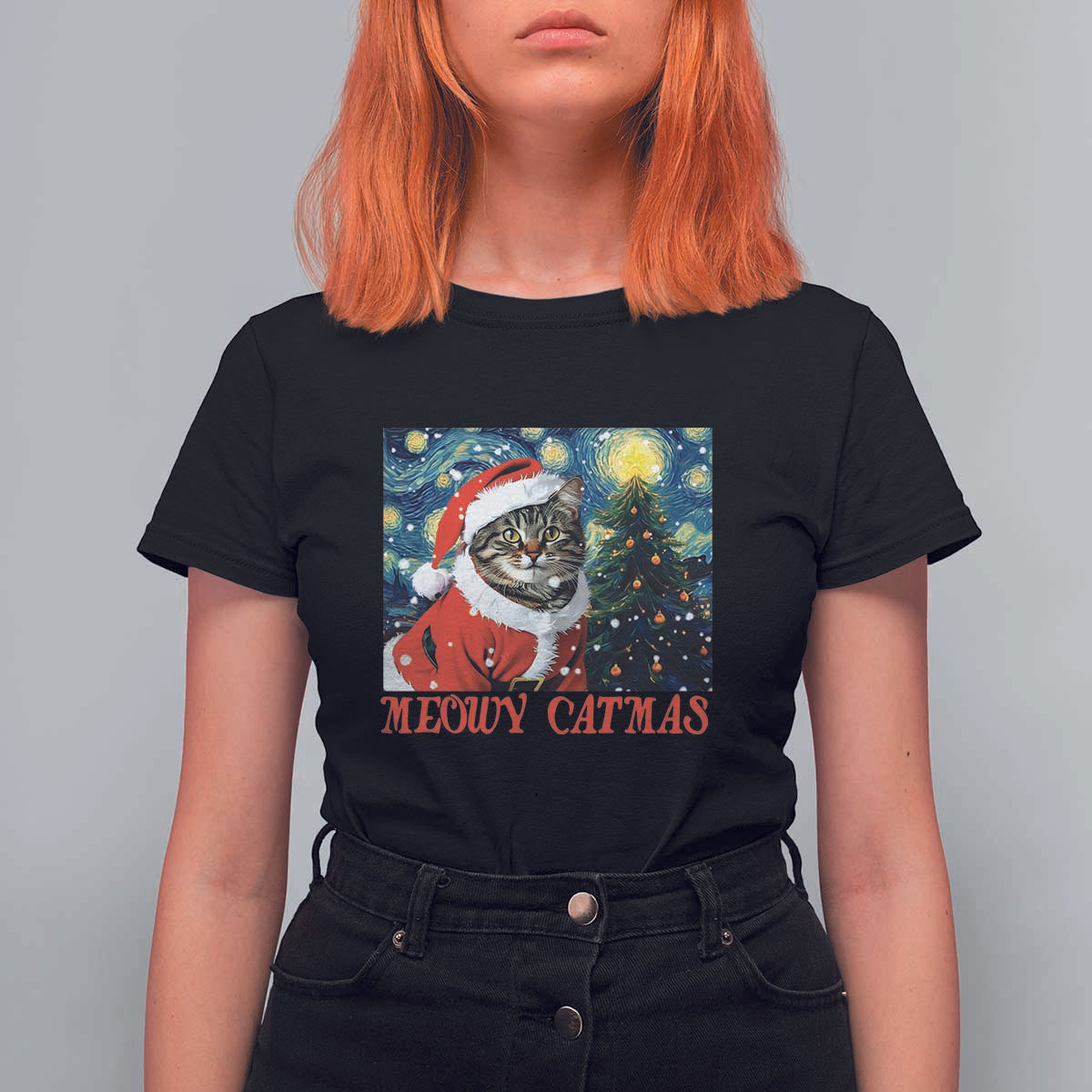 Santa Cat Christmas T Shirt For Women Meowy Catmas Starry Night Christmas Tree - Wonder Print Shop