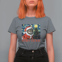 Santa Cat Christmas T Shirt For Women Meowy Catmas Starry Night Christmas Tree - Wonder Print Shop