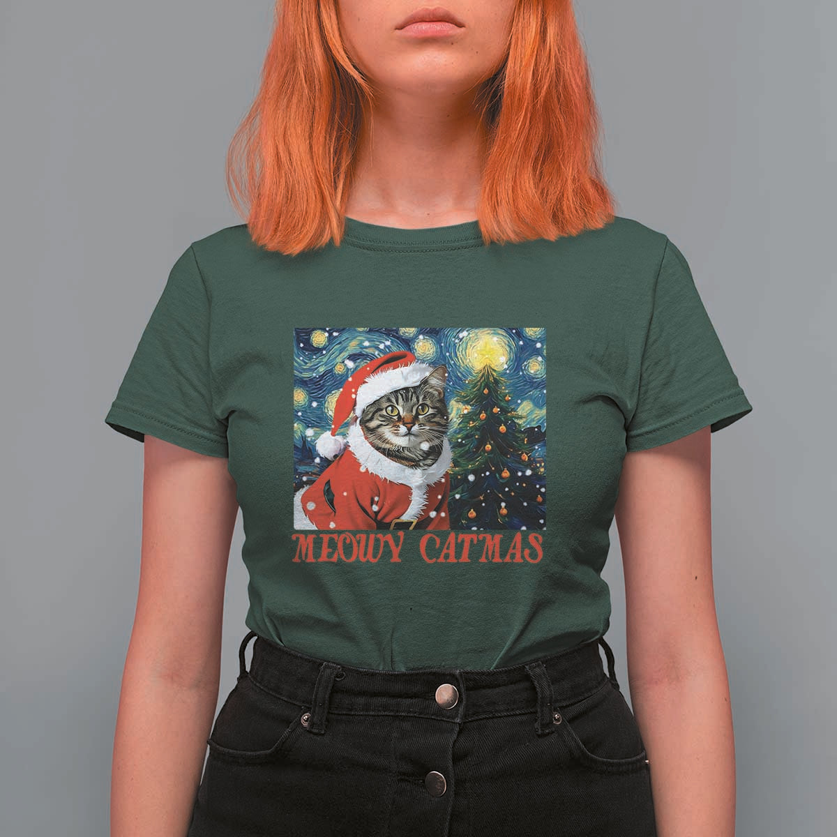 Santa Cat Christmas T Shirt For Women Meowy Catmas Starry Night Christmas Tree - Wonder Print Shop