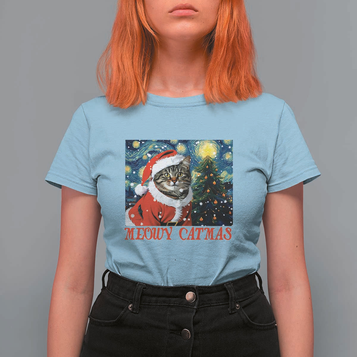 Santa Cat Christmas T Shirt For Women Meowy Catmas Starry Night Christmas Tree - Wonder Print Shop