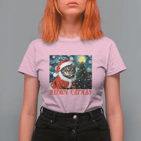 Santa Cat Christmas T Shirt For Women Meowy Catmas Starry Night Christmas Tree - Wonder Print Shop