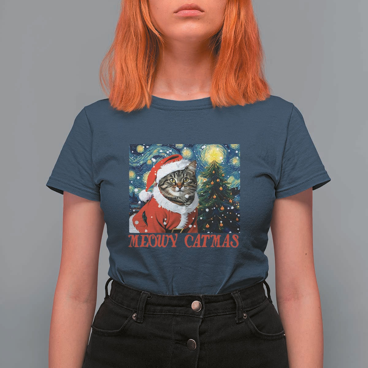Santa Cat Christmas T Shirt For Women Meowy Catmas Starry Night Christmas Tree - Wonder Print Shop