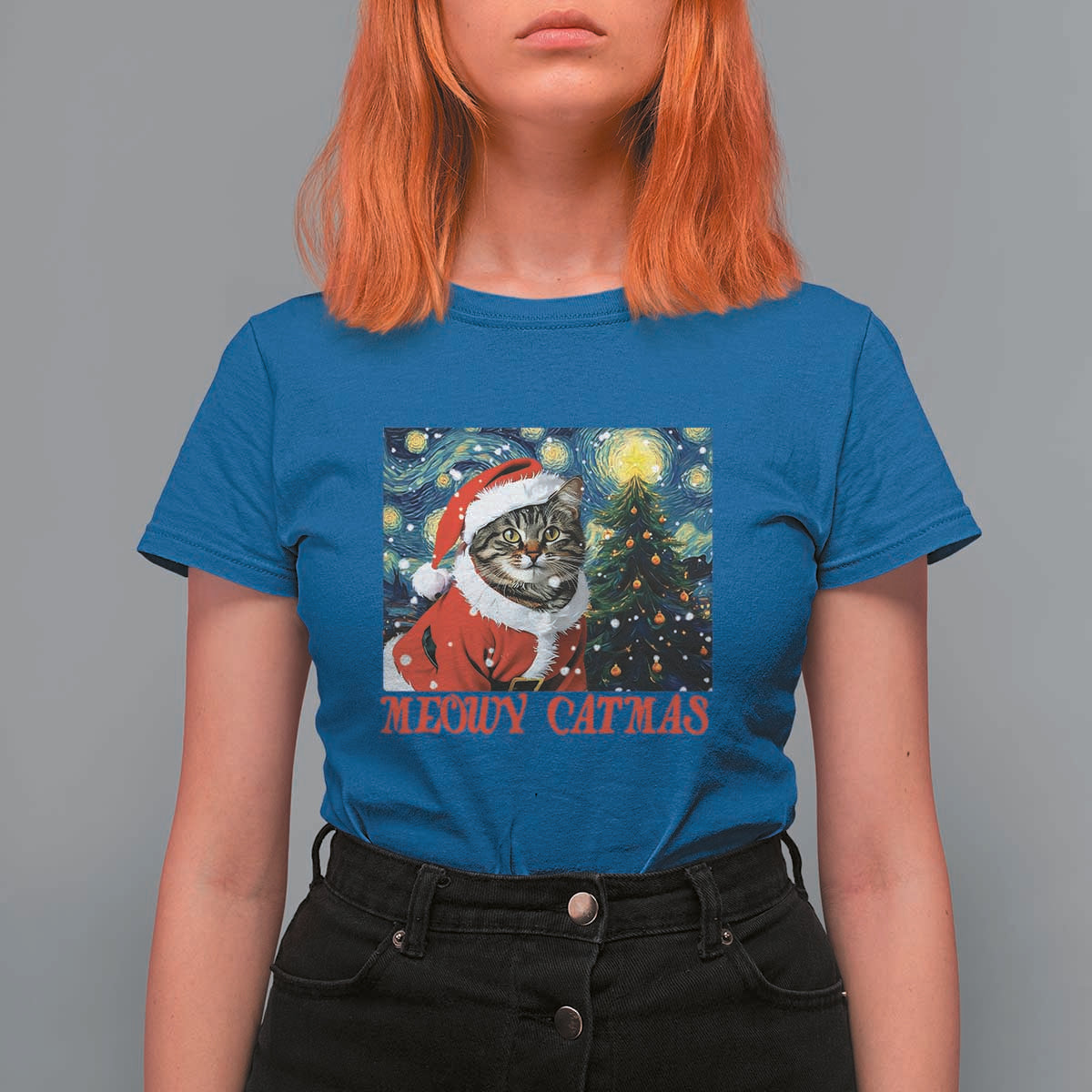 Santa Cat Christmas T Shirt For Women Meowy Catmas Starry Night Christmas Tree - Wonder Print Shop