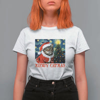 Santa Cat Christmas T Shirt For Women Meowy Catmas Starry Night Christmas Tree - Wonder Print Shop