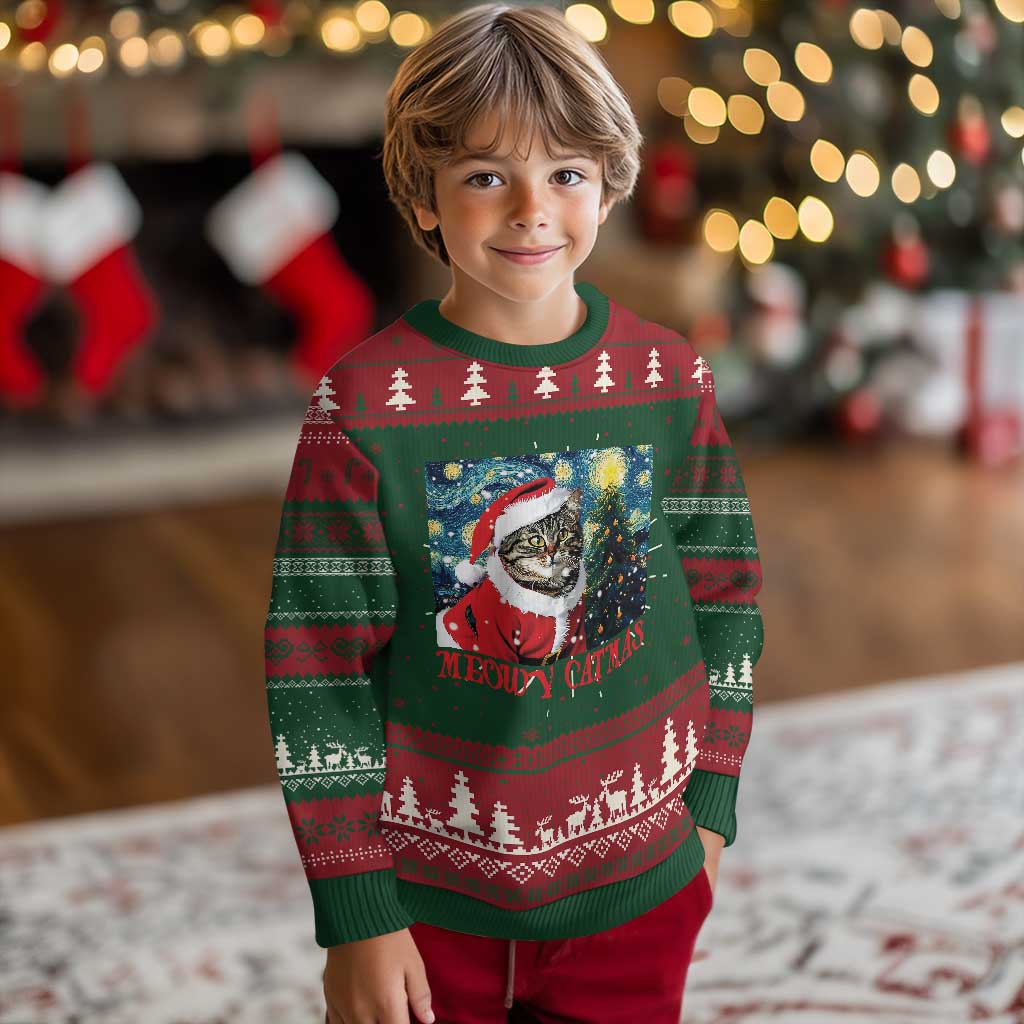 Santa Cat Xmas Ugly Christmas Sweater Meowy Catmas Starry Night Christmas Tree - Wonder Print Shop