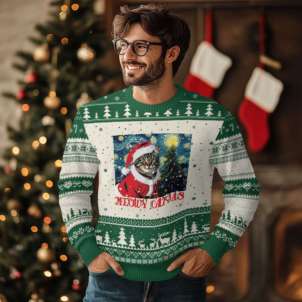 Santa Cat Xmas Ugly Christmas Sweater Meowy Catmas Starry Night Christmas Tree - Wonder Print Shop
