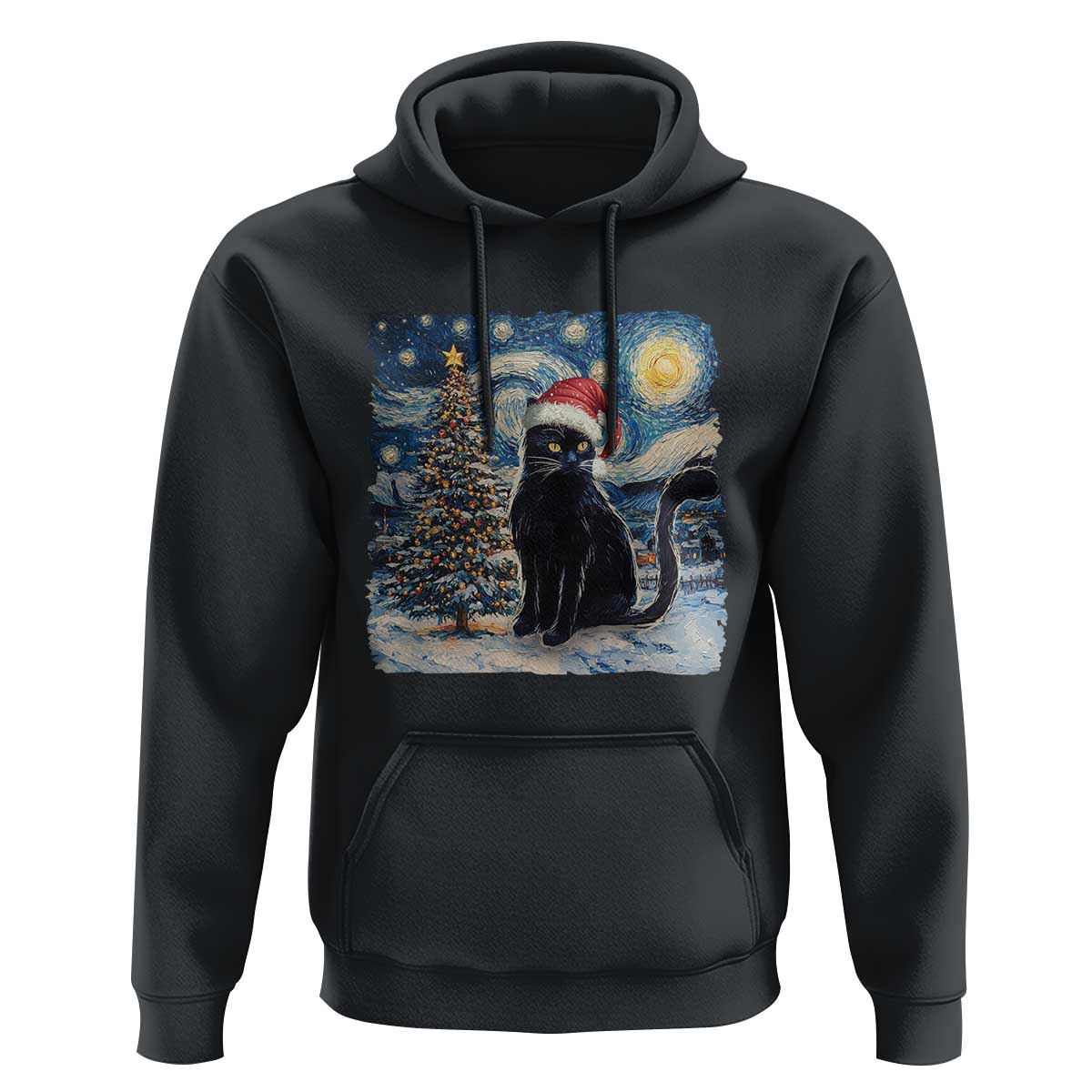 Christmas Black Cat Hoodie Meowy Catmas Starry Night Santa Cat