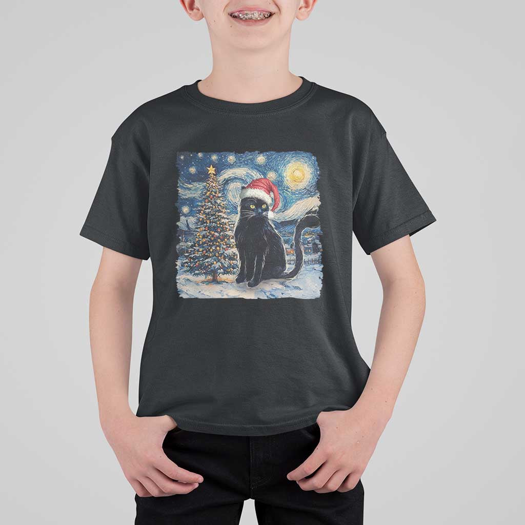 Christmas Black Cat T Shirt For Kid Meowy Catmas Starry Night Santa Cat - Wonder Print Shop