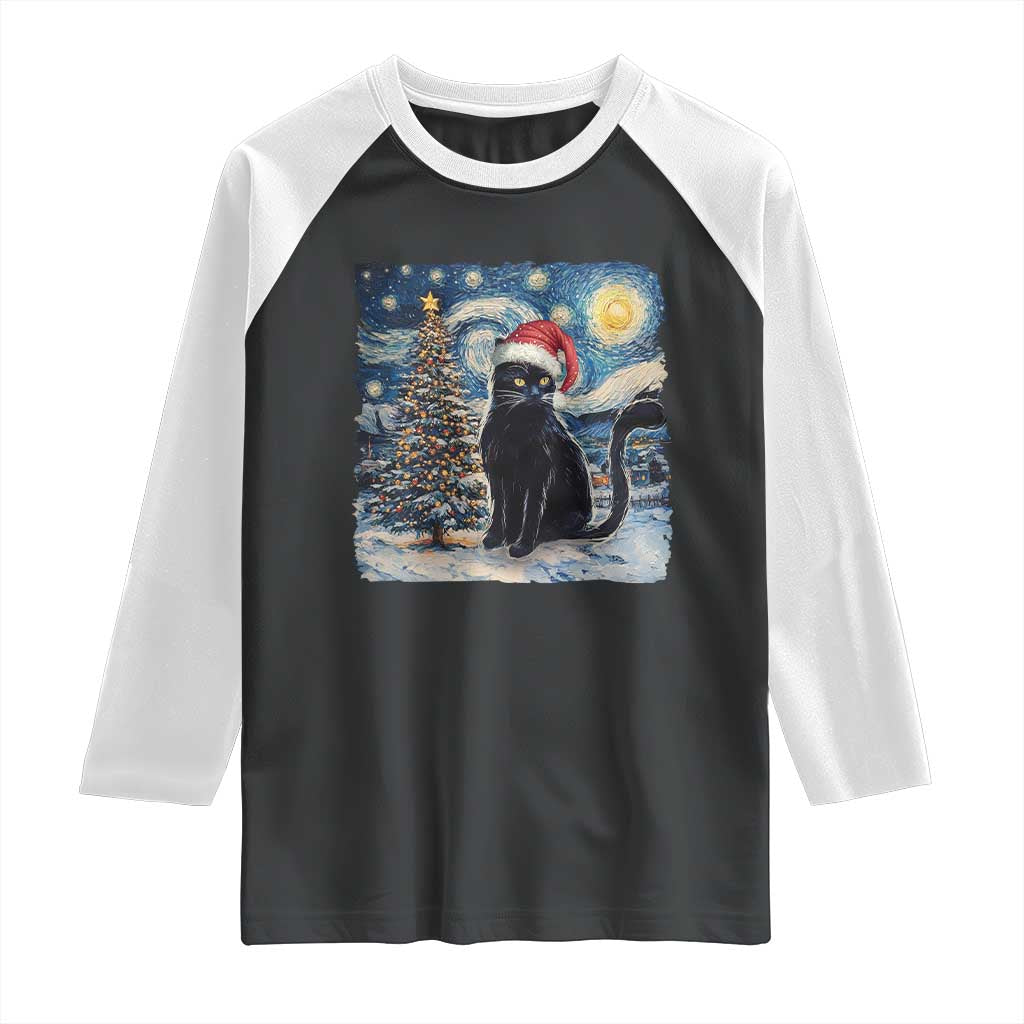 Christmas Black Cat Raglan Shirt Meowy Catmas Starry Night Santa Cat