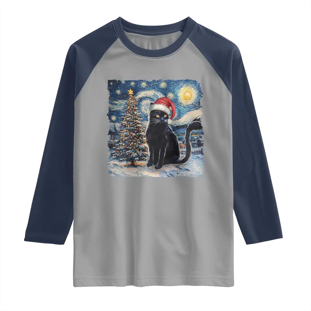 Christmas Black Cat Raglan Shirt Meowy Catmas Starry Night Santa Cat