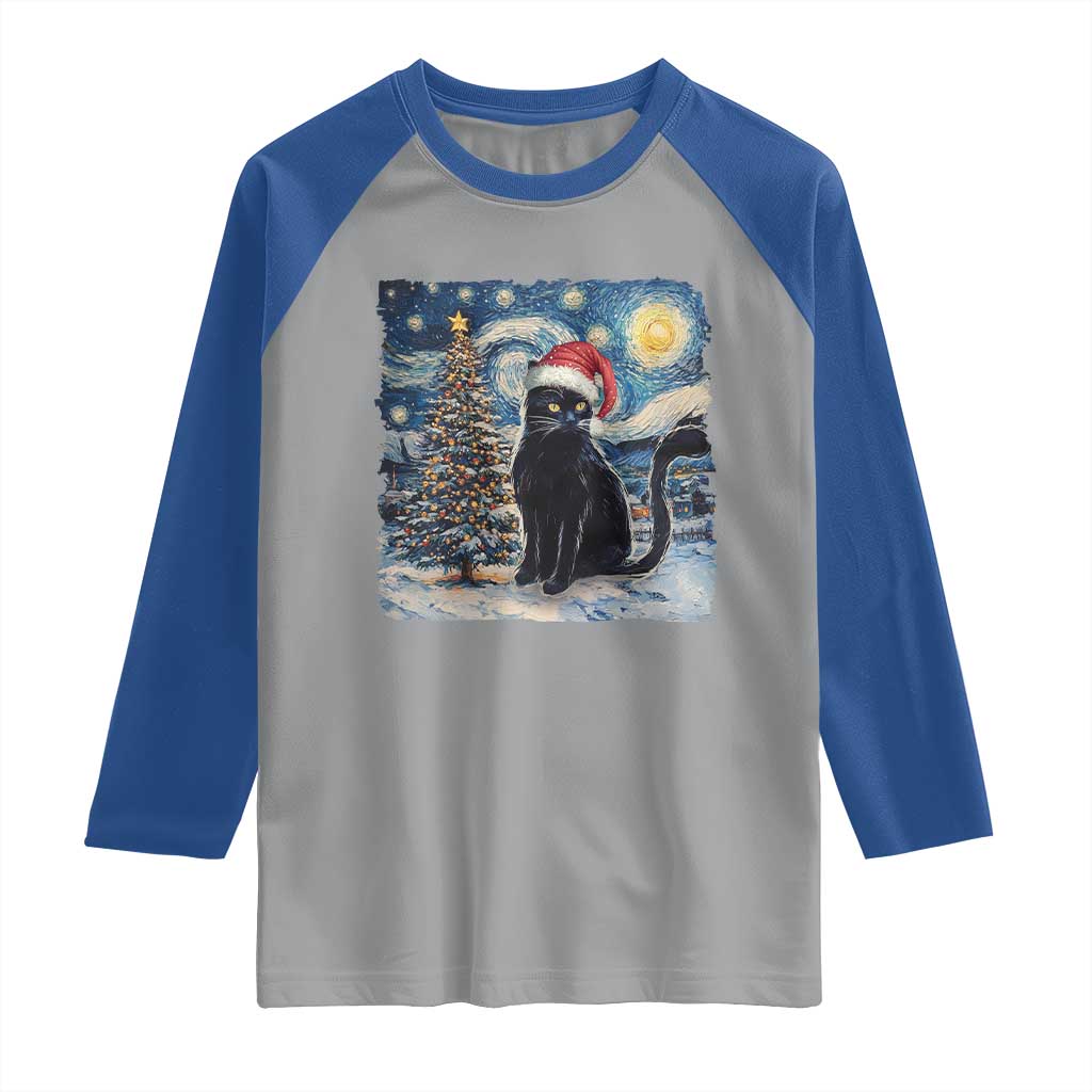Christmas Black Cat Raglan Shirt Meowy Catmas Starry Night Santa Cat