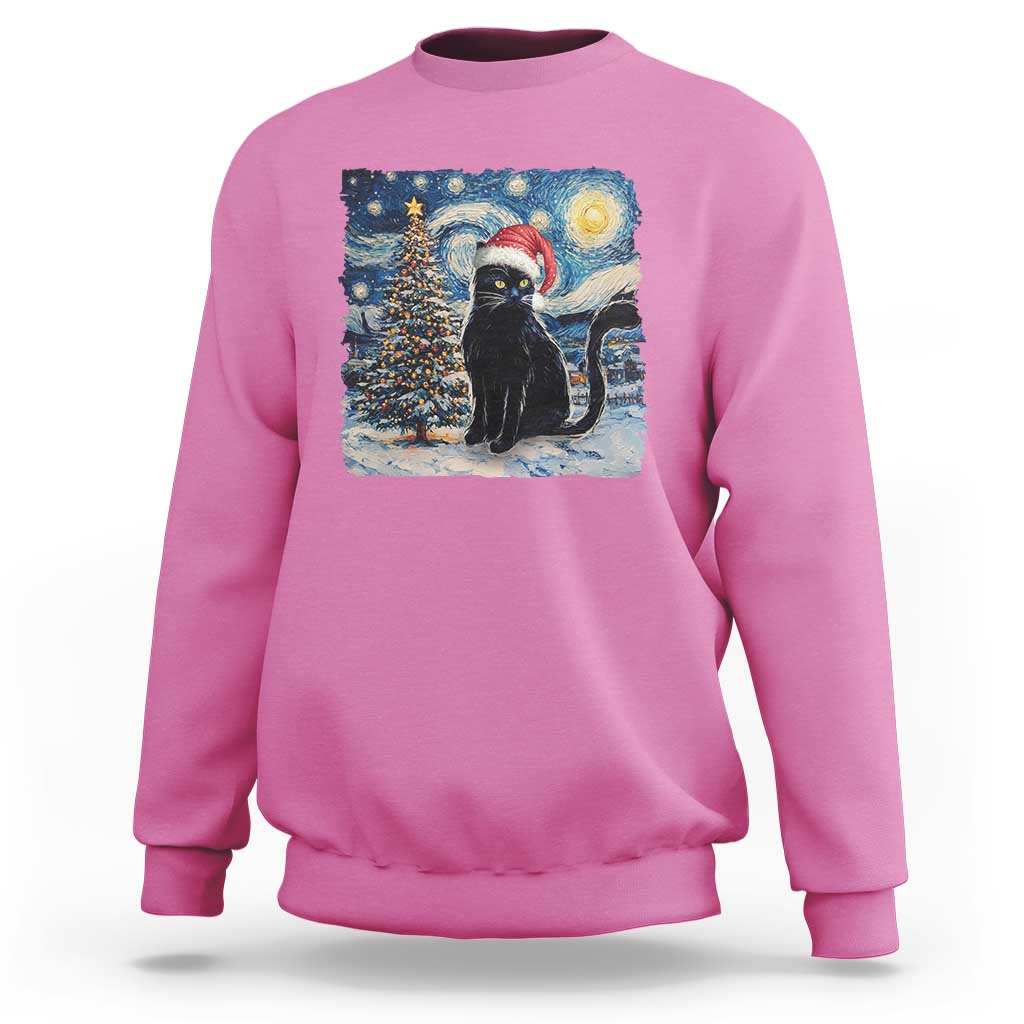 Christmas Black Cat Sweatshirt Meowy Catmas Starry Night Santa Cat - Wonder Print Shop