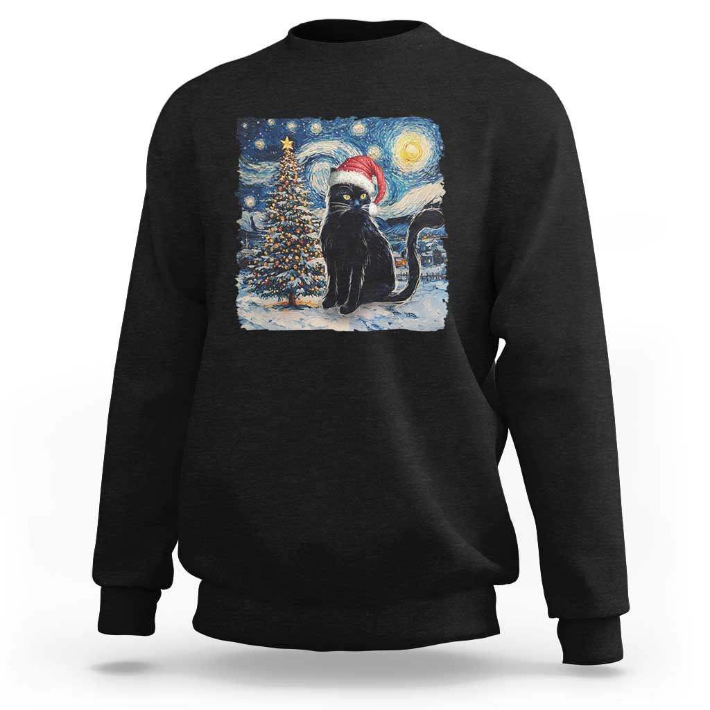Christmas Black Cat Sweatshirt Meowy Catmas Starry Night Santa Cat - Wonder Print Shop