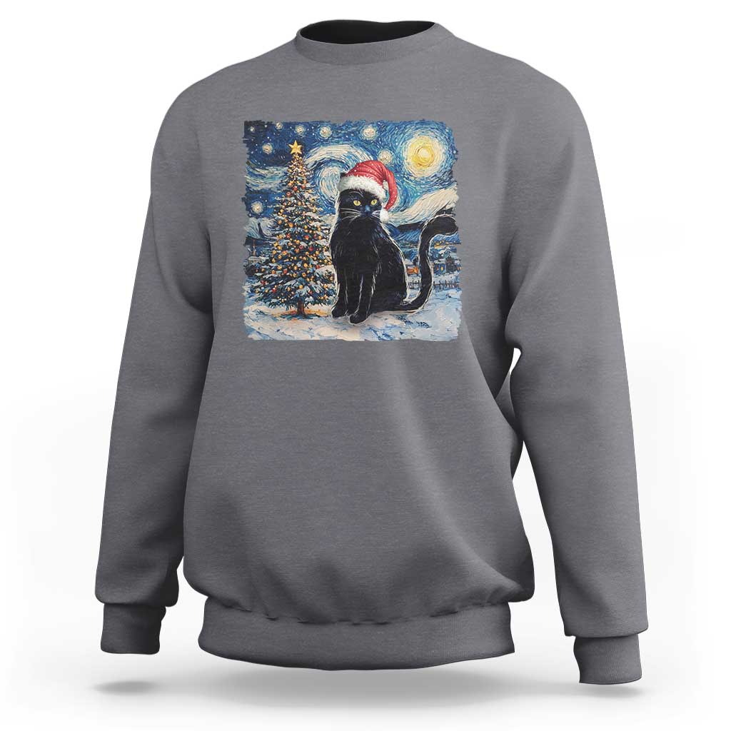 Christmas Black Cat Sweatshirt Meowy Catmas Starry Night Santa Cat - Wonder Print Shop