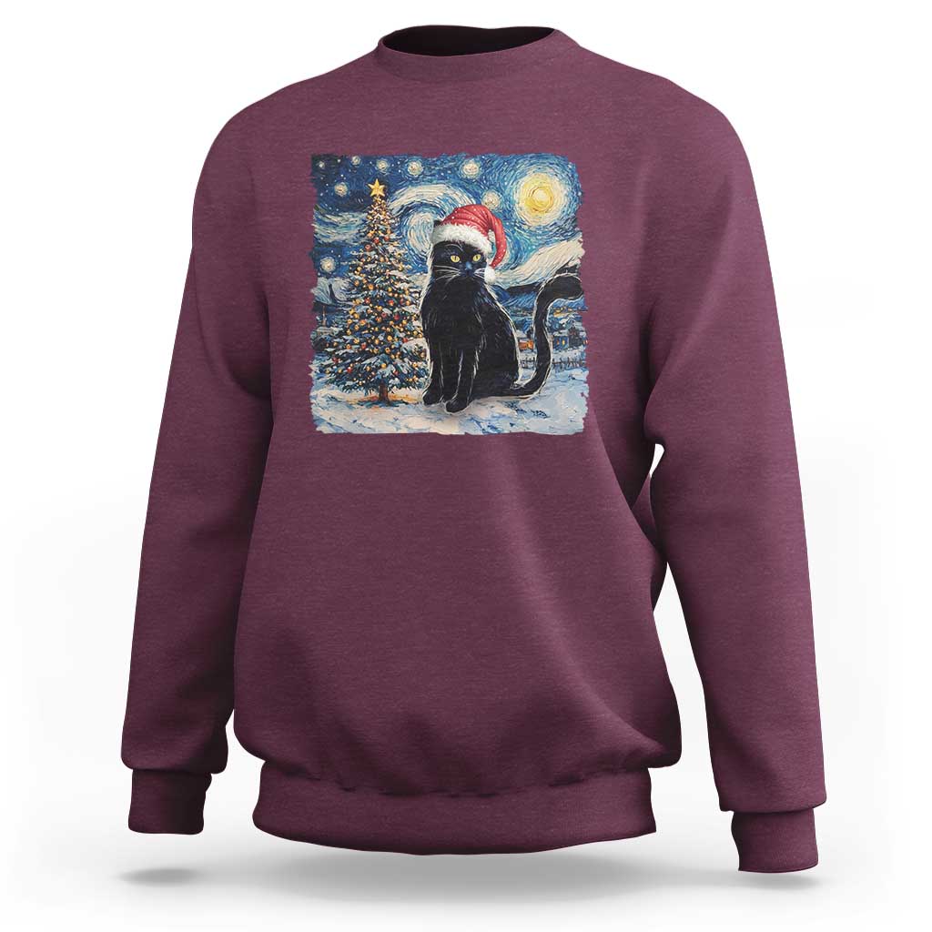 Christmas Black Cat Sweatshirt Meowy Catmas Starry Night Santa Cat - Wonder Print Shop