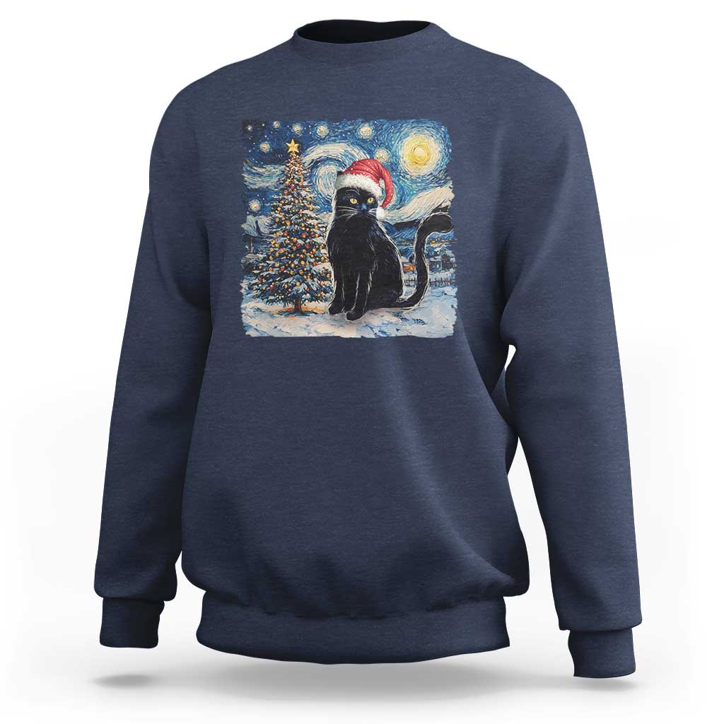 Christmas Black Cat Sweatshirt Meowy Catmas Starry Night Santa Cat - Wonder Print Shop