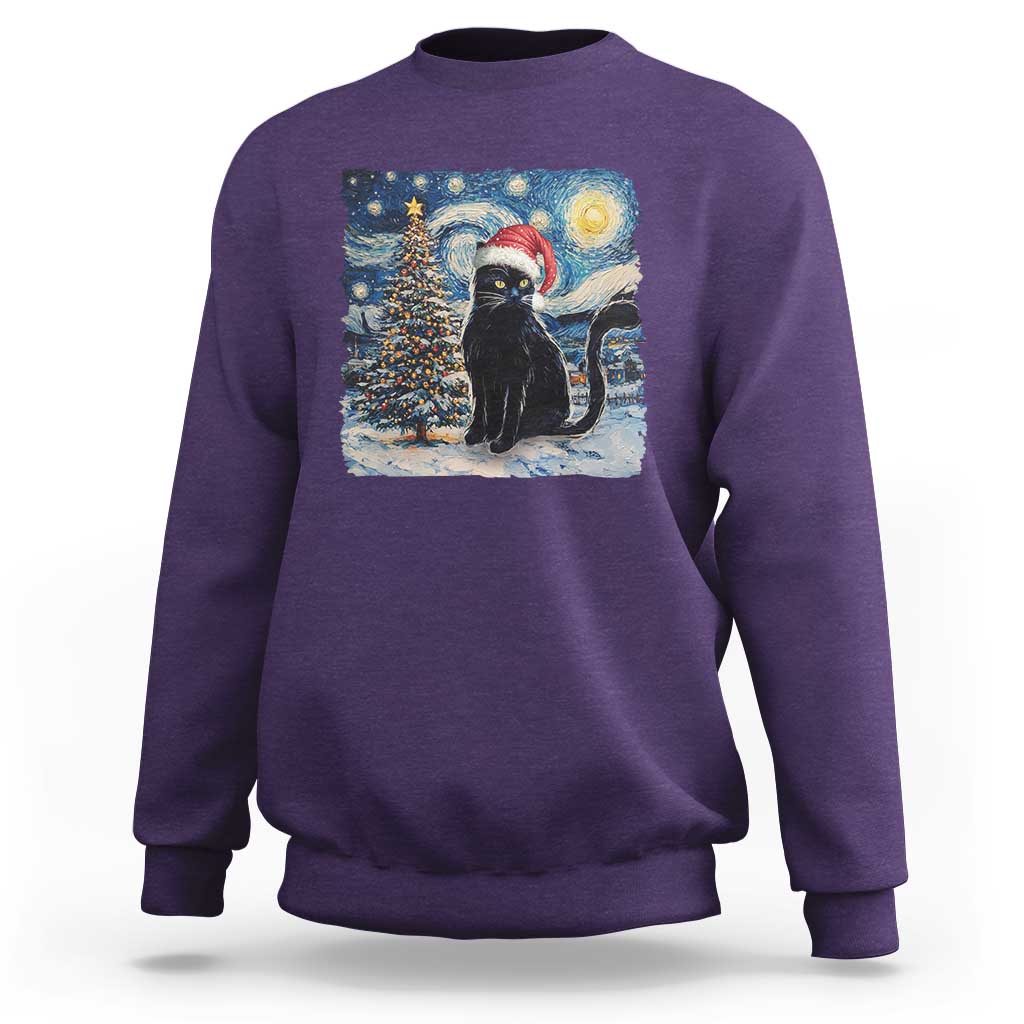Christmas Black Cat Sweatshirt Meowy Catmas Starry Night Santa Cat - Wonder Print Shop