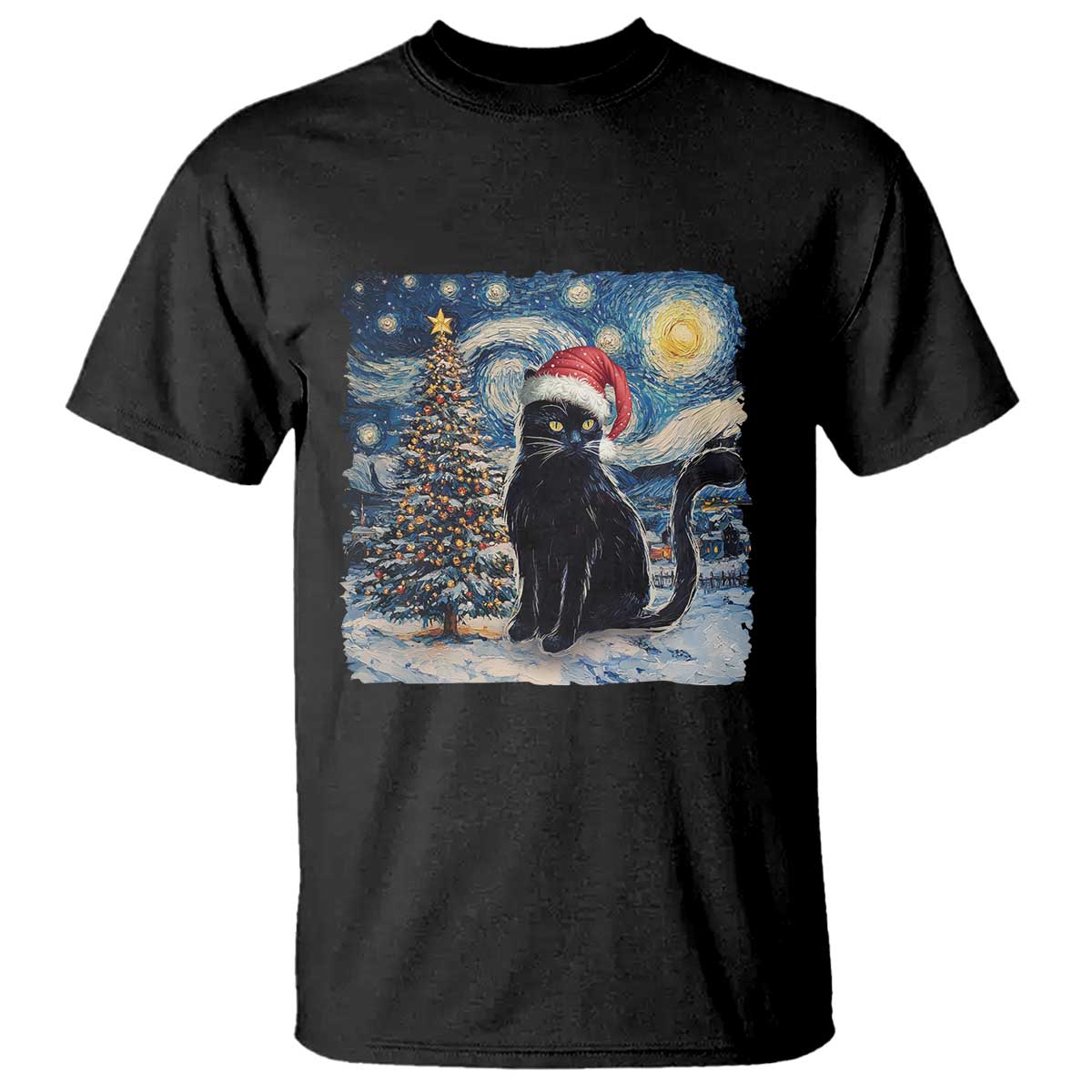 Christmas Black Cat T Shirt Meowy Catmas Starry Night Santa Cat - Wonder Print Shop
