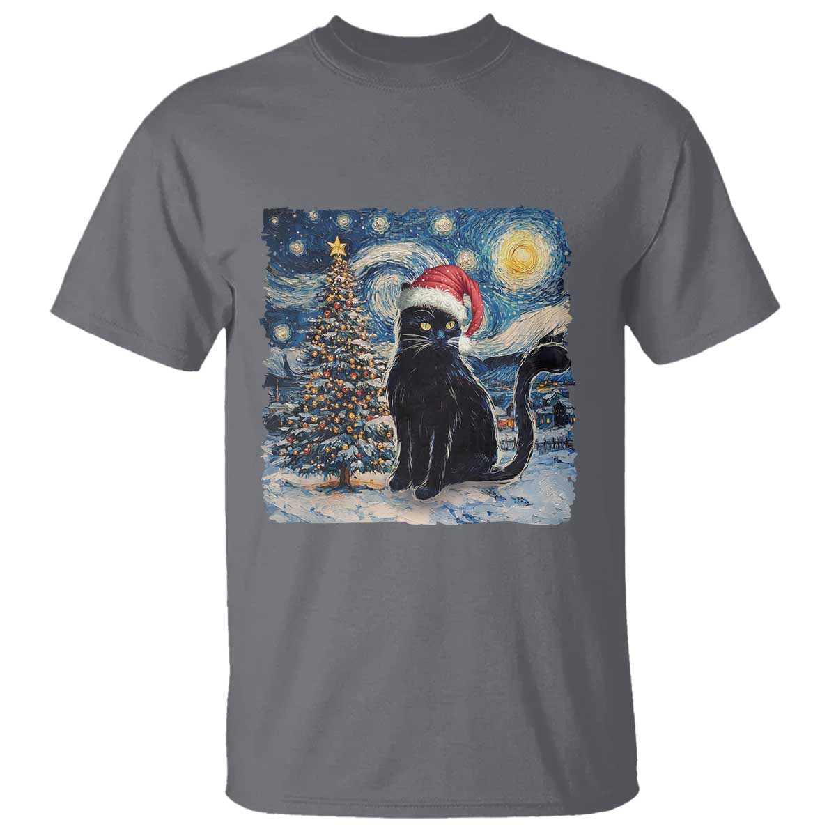 Christmas Black Cat T Shirt Meowy Catmas Starry Night Santa Cat - Wonder Print Shop