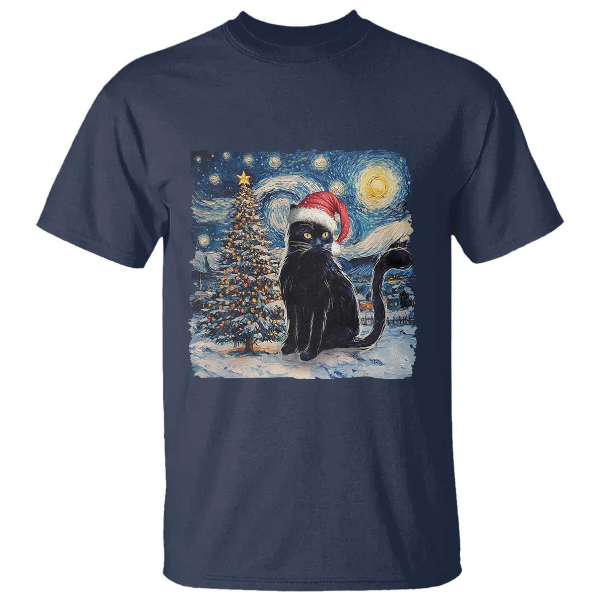 Christmas Black Cat T Shirt Meowy Catmas Starry Night Santa Cat - Wonder Print Shop