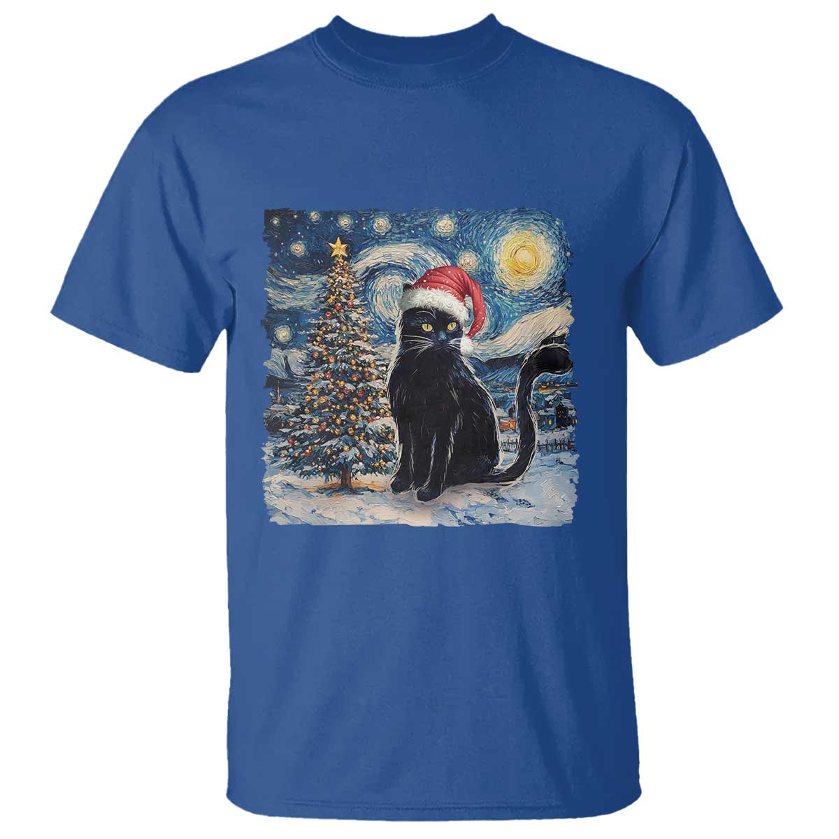 Christmas Black Cat T Shirt Meowy Catmas Starry Night Santa Cat - Wonder Print Shop