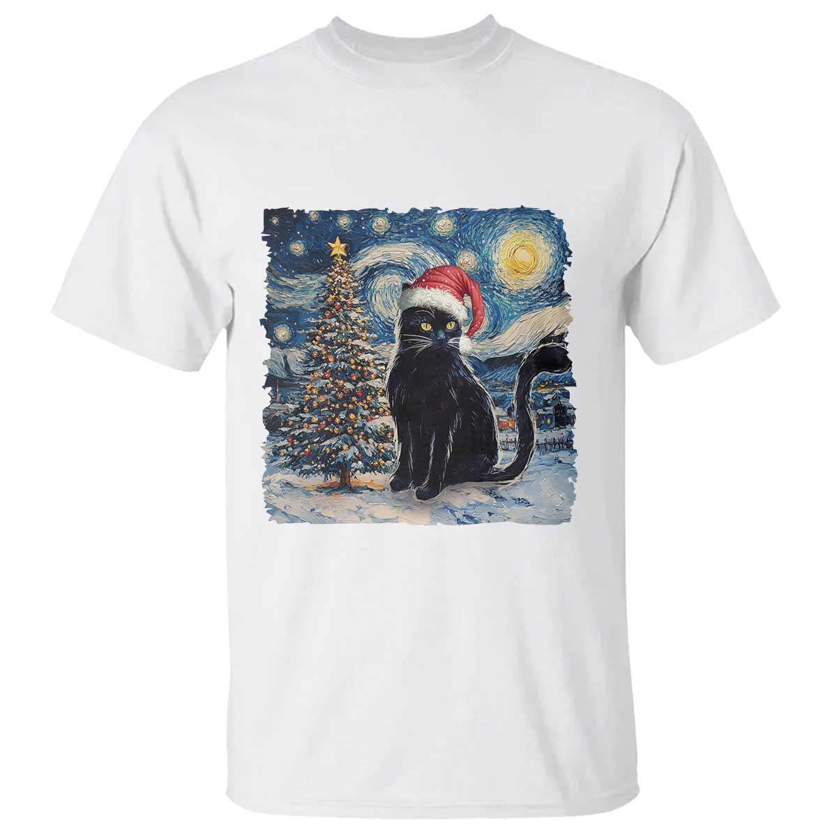 Christmas Black Cat T Shirt Meowy Catmas Starry Night Santa Cat - Wonder Print Shop