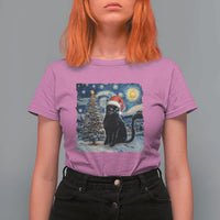 Christmas Black Cat T Shirt For Women Meowy Catmas Starry Night Santa Cat - Wonder Print Shop