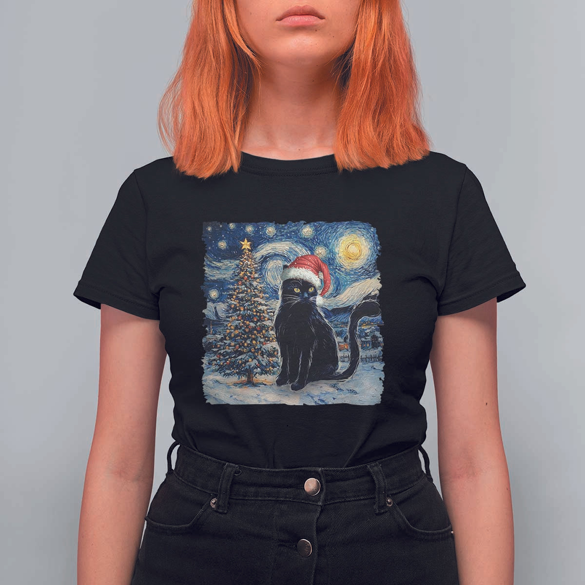 Christmas Black Cat T Shirt For Women Meowy Catmas Starry Night Santa Cat - Wonder Print Shop