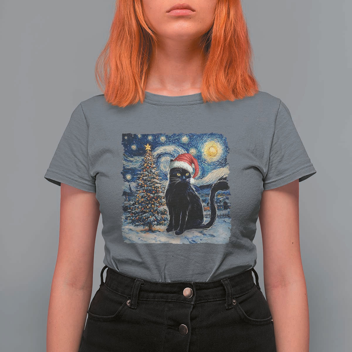 Christmas Black Cat T Shirt For Women Meowy Catmas Starry Night Santa Cat - Wonder Print Shop