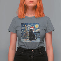 Christmas Black Cat T Shirt For Women Meowy Catmas Starry Night Santa Cat - Wonder Print Shop