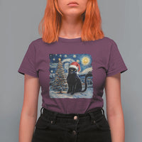 Christmas Black Cat T Shirt For Women Meowy Catmas Starry Night Santa Cat - Wonder Print Shop