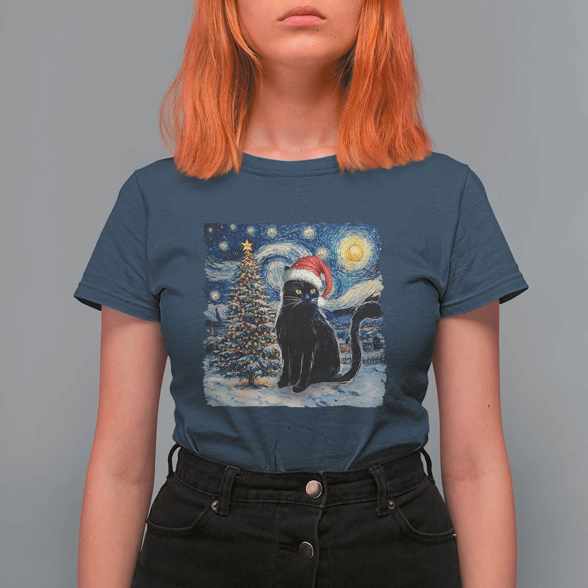 Christmas Black Cat T Shirt For Women Meowy Catmas Starry Night Santa Cat - Wonder Print Shop