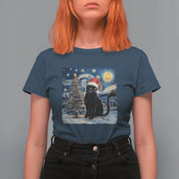 Christmas Black Cat T Shirt For Women Meowy Catmas Starry Night Santa Cat - Wonder Print Shop