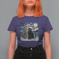 Christmas Black Cat T Shirt For Women Meowy Catmas Starry Night Santa Cat - Wonder Print Shop
