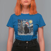 Christmas Black Cat T Shirt For Women Meowy Catmas Starry Night Santa Cat - Wonder Print Shop