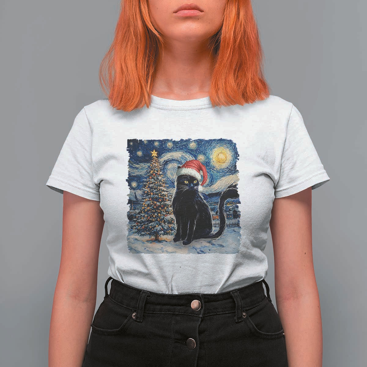 Christmas Black Cat T Shirt For Women Meowy Catmas Starry Night Santa Cat - Wonder Print Shop