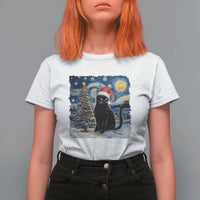 Christmas Black Cat T Shirt For Women Meowy Catmas Starry Night Santa Cat - Wonder Print Shop