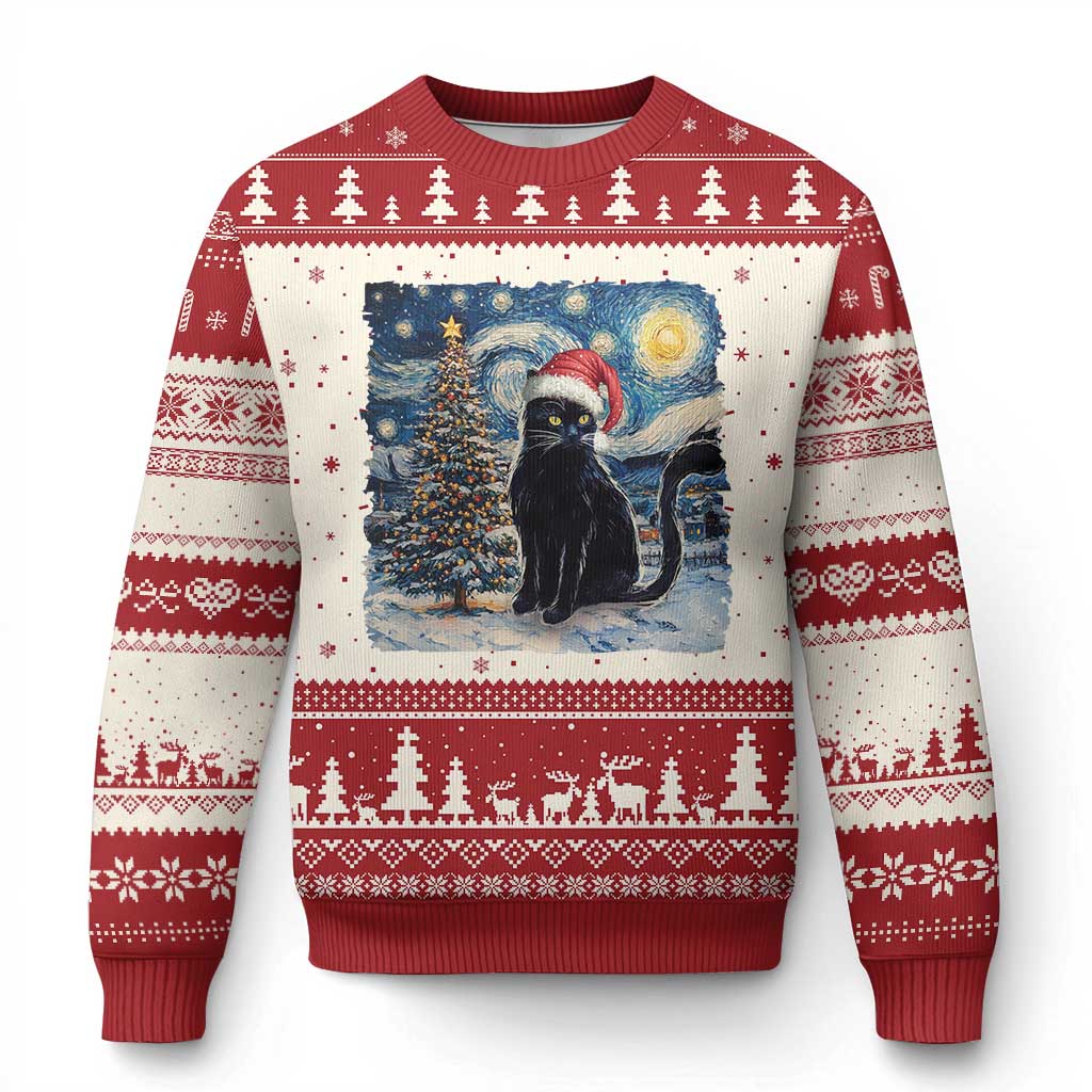 Xmas Black Cat Ugly Christmas Sweater Meowy Catmas Starry Night Santa Cat - Wonder Print Shop
