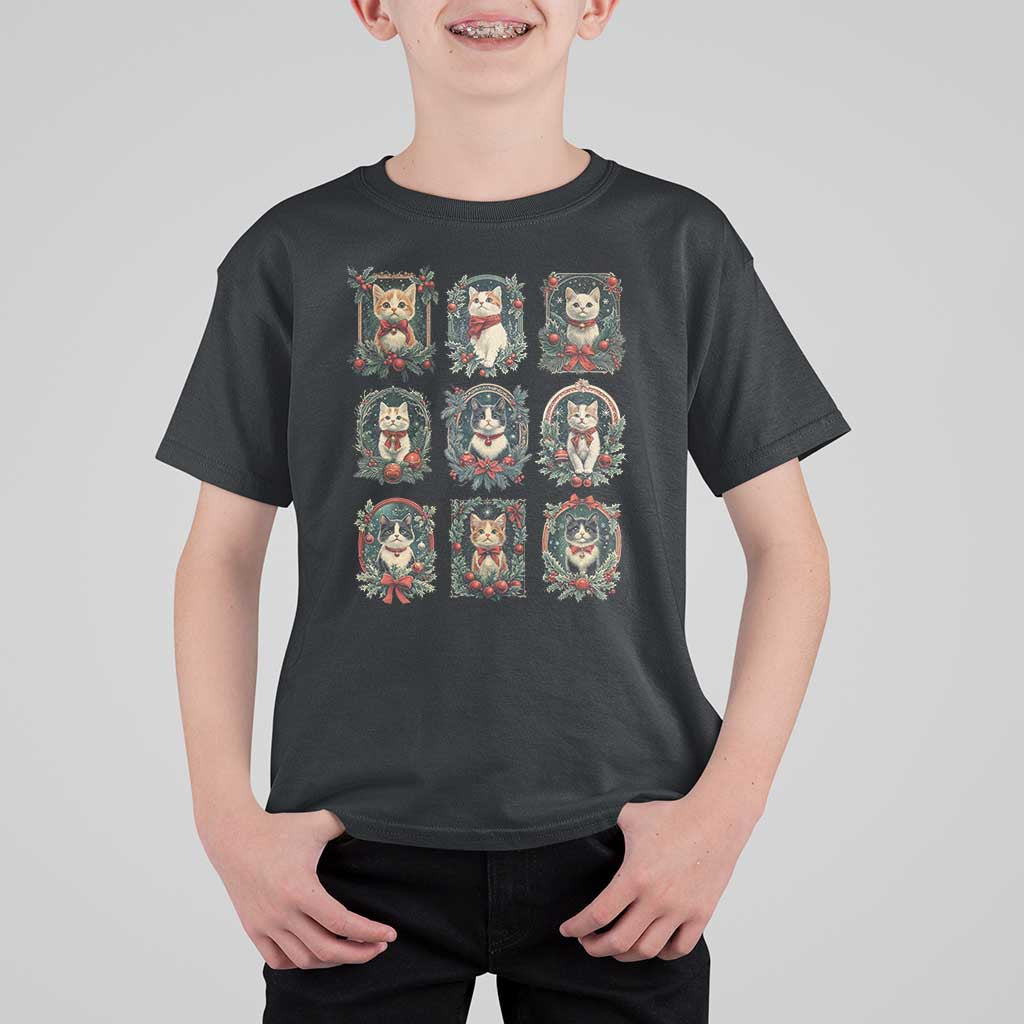 Christmas Cat T Shirt For Kid Vintage Kitten Victorian Holly Wreath - Wonder Print Shop