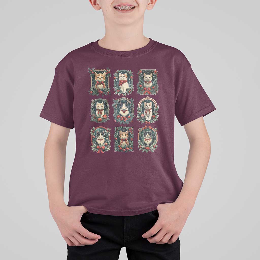 Christmas Cat T Shirt For Kid Vintage Kitten Victorian Holly Wreath - Wonder Print Shop