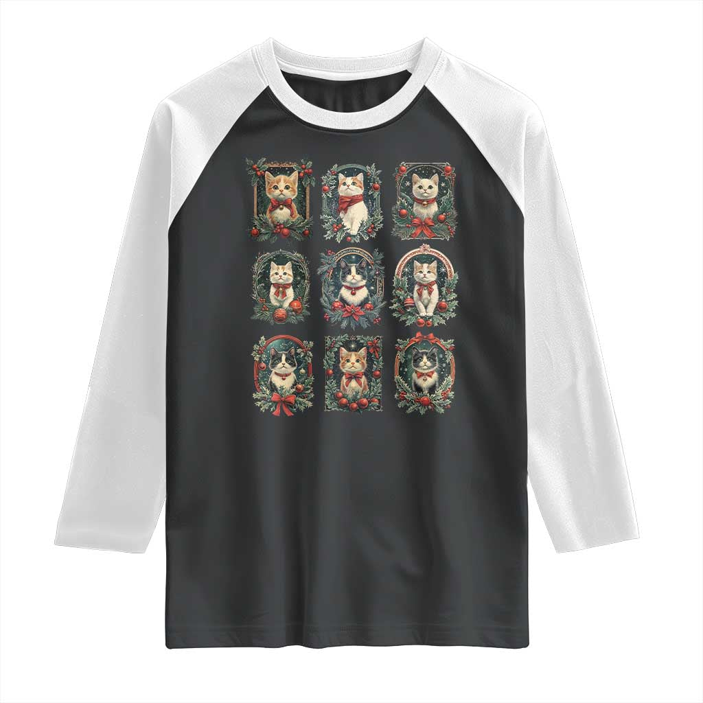Christmas Cat Raglan Shirt Vintage Kitten Victorian Holly Wreath