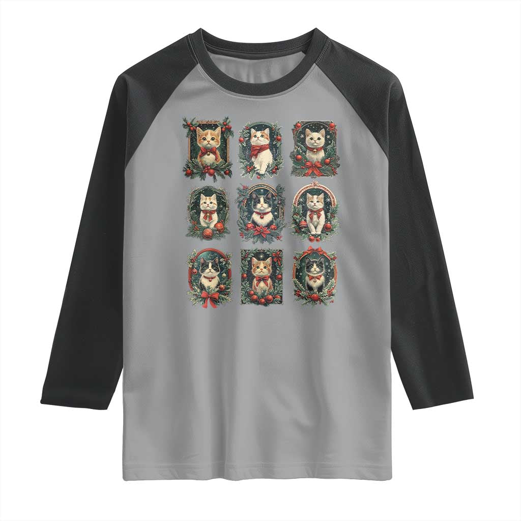 Christmas Cat Raglan Shirt Vintage Kitten Victorian Holly Wreath