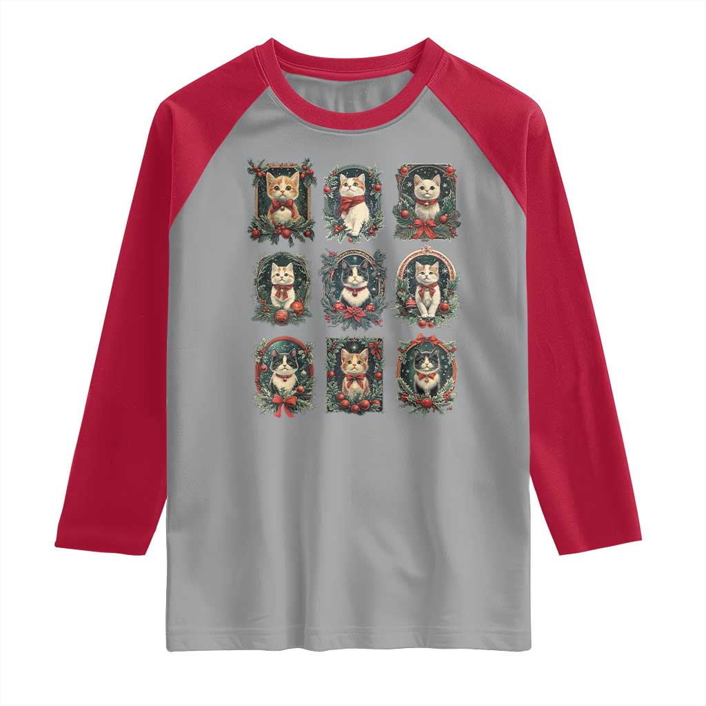 Christmas Cat Raglan Shirt Vintage Kitten Victorian Holly Wreath
