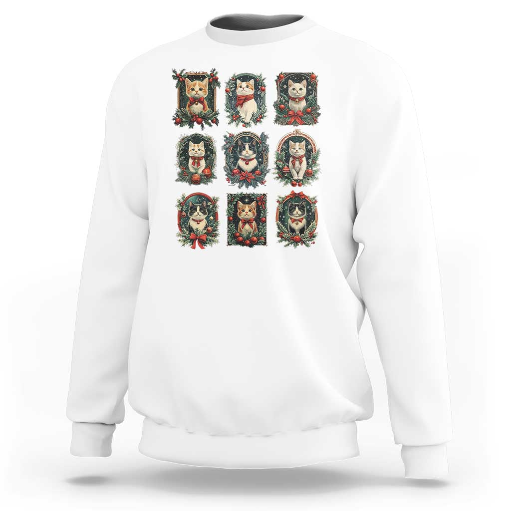 Christmas Cat Sweatshirt Vintage Kitten Victorian Holly Wreath - Wonder Print Shop